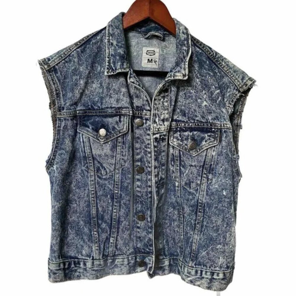 Vintage Crocker Acid Wash Denim Trucker Jean Cutoff Sleeve Vest Medium